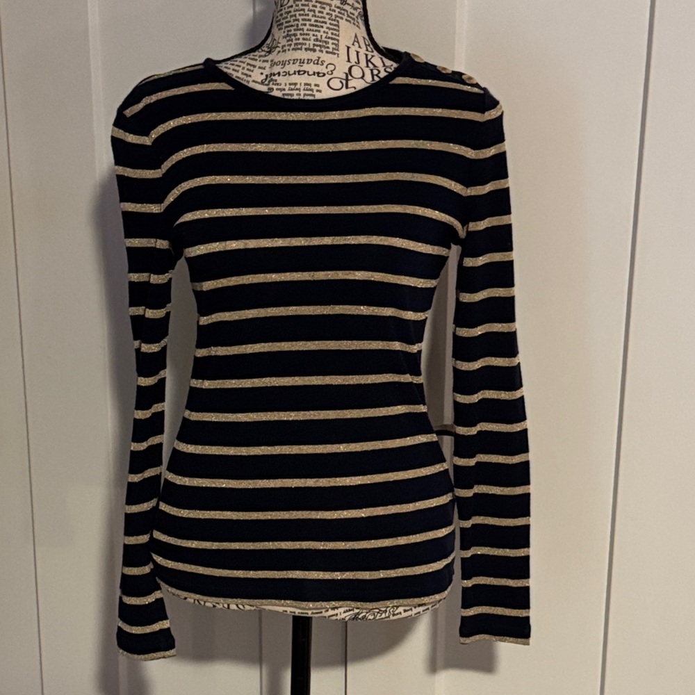 Lauren Ralph Lauren Black and Cream Striped Long Sleeve Top